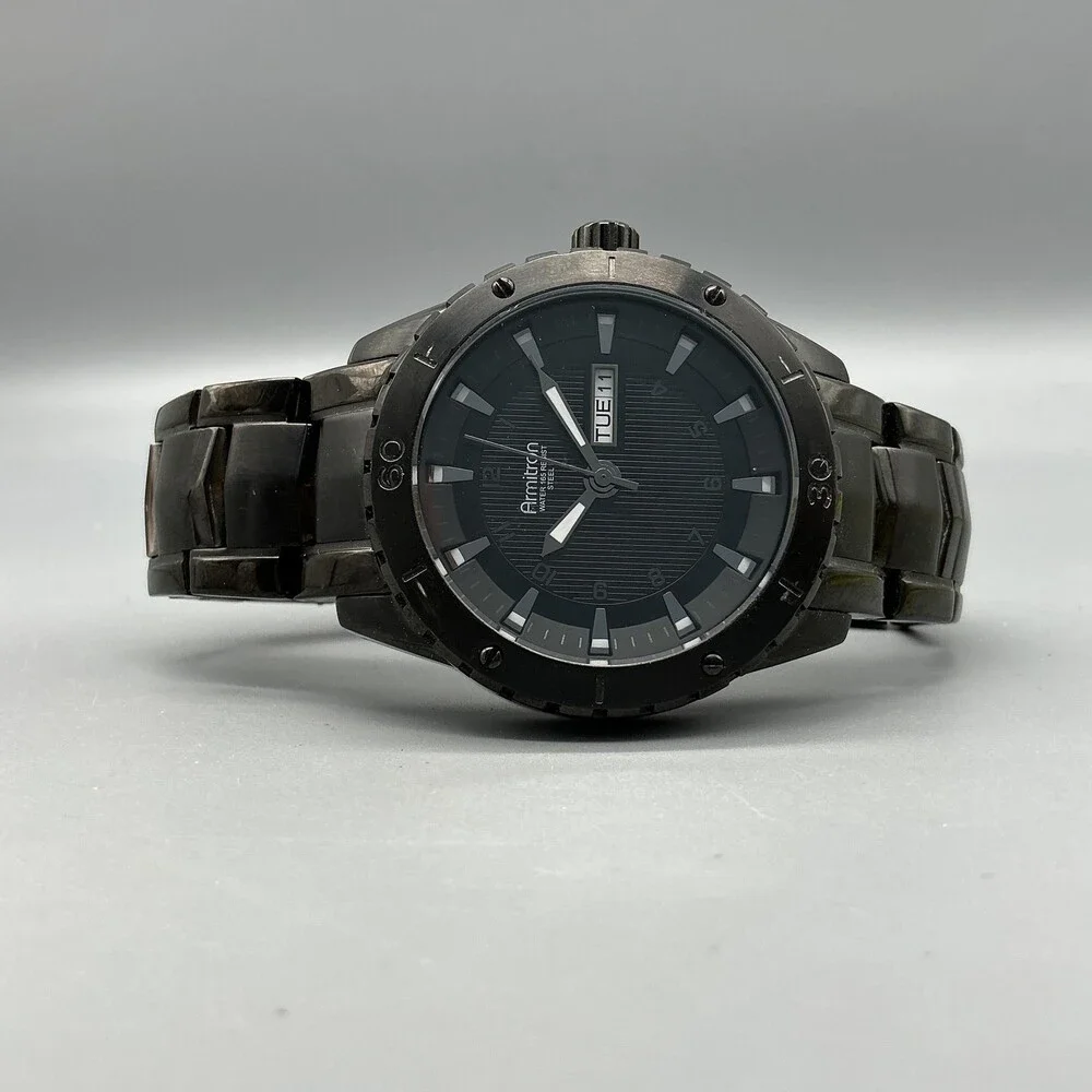 Armitron 20/4833HT Men Watch 43mm Black Dial Black Steel Day Date New Battery 7